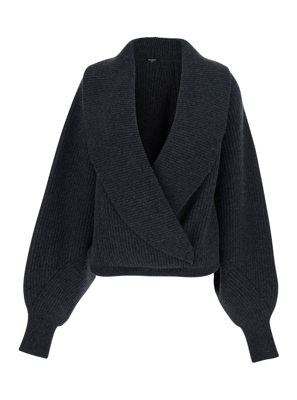 Grey Sweater with Weap Effect and Wide Revers in Wool Woman Jersey