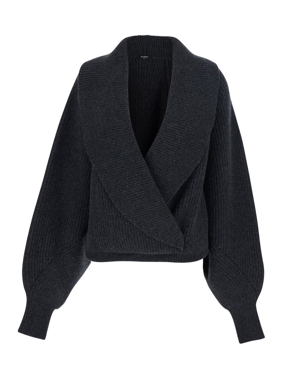 Grey Wool Sweater With Wrap Effect Tops