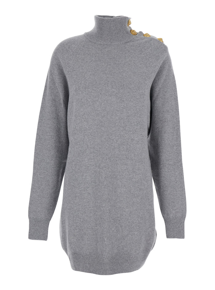 Grey Dress With High Neck And Metallic Logo Buttons Cashmere Woman
