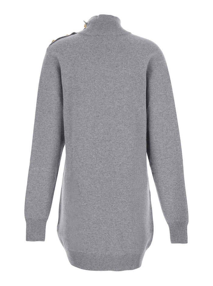 Grey Dress With High Neck And Metallic Logo Buttons Cashmere Woman