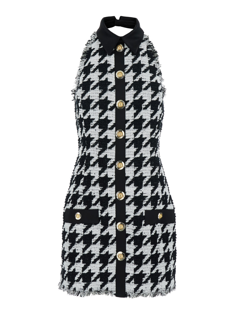 Halterneck Mini Dress With Houndstooth Motif Black And White Tweed Satin
