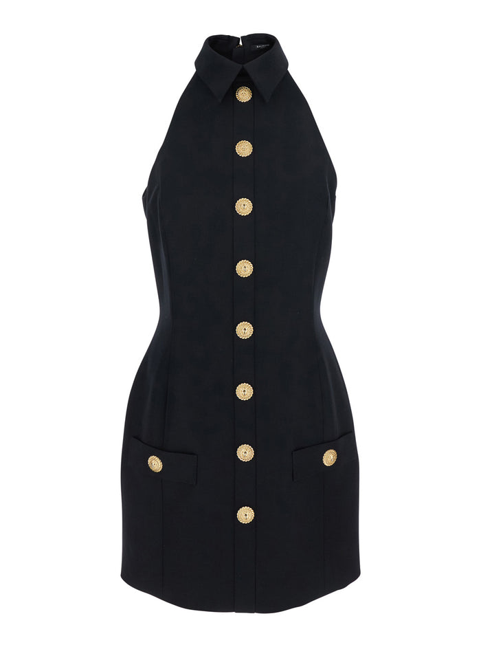 Black Dress With Pointed Collar And Logo Buttons On The Front Wool Woman