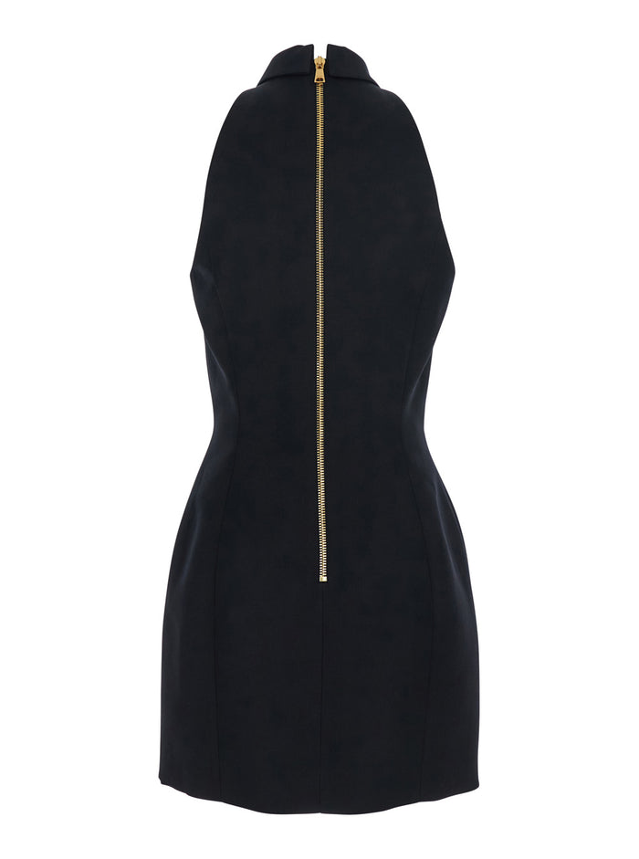 Black Dress With Pointed Collar And Logo Buttons On The Front Wool Woman