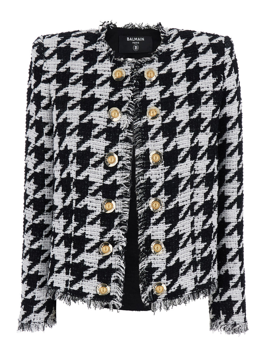 Black And White Jacket With Check Motif Cotton Blazers