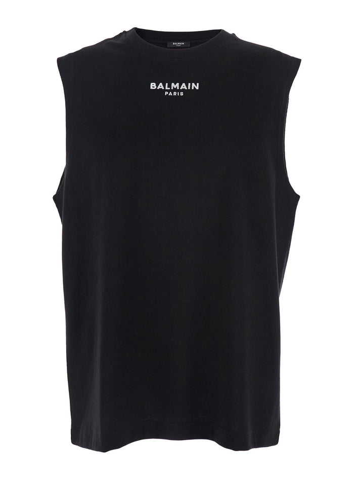 Black Crewneck Sleeveless Top With Logo Lettering Embroidery On The Front Cotton Man Organic Tops