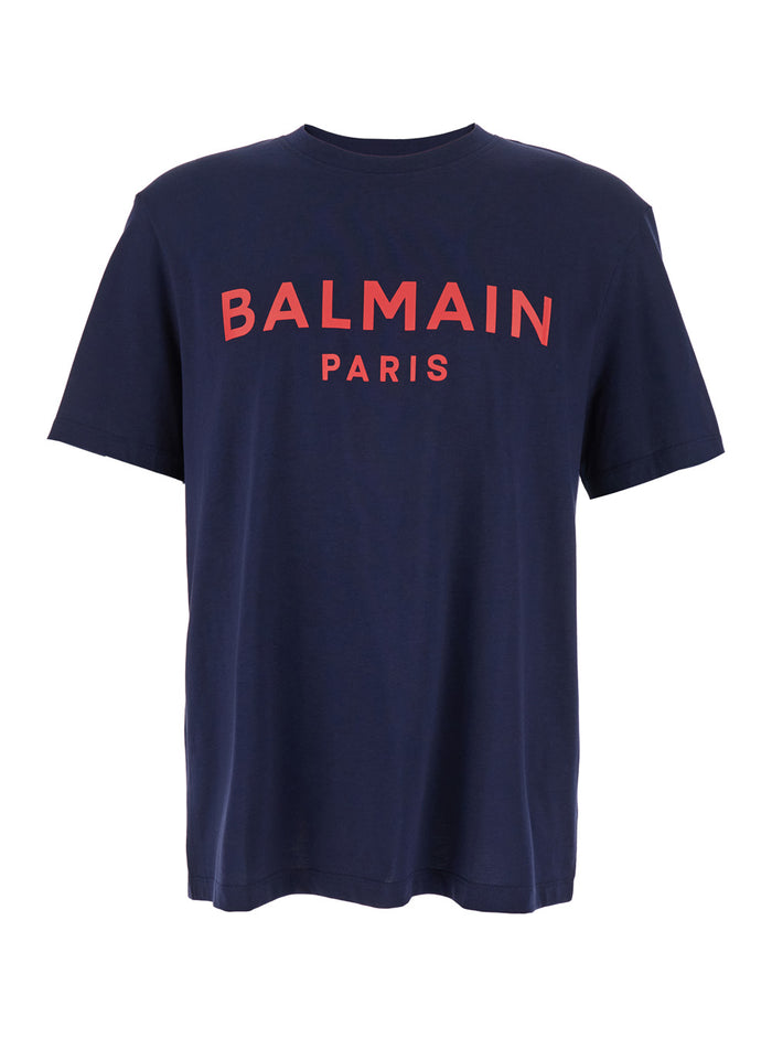 Blue Crewneck T-Shirt With Logo Lettering Print On The Front Cotton Man Blu Organic Tshirts And Polo Shirts