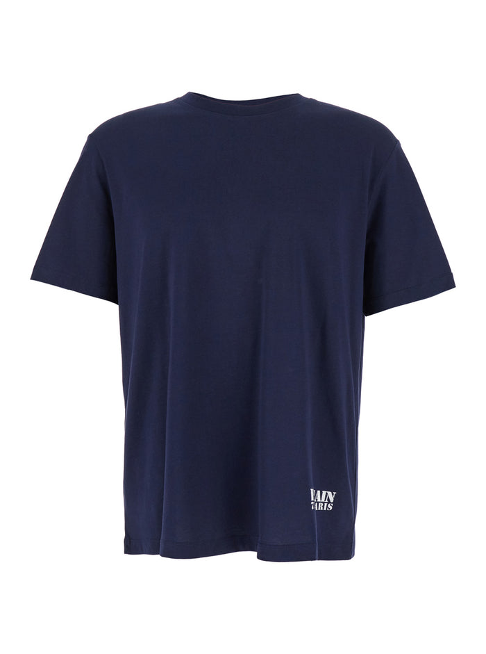 Blue Crewneck T-Shirt with Logo Lettering Print on the Front in Cotton Man Blu Tshirts And Polo Shirts