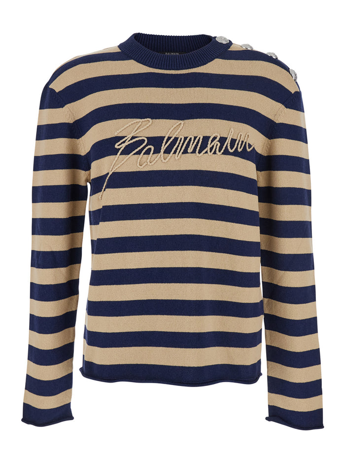 Blue Crewneck Sweater with Logo Lettering on the Front and All-Over Striped Motif in Wool Woman Multicolor Jersey