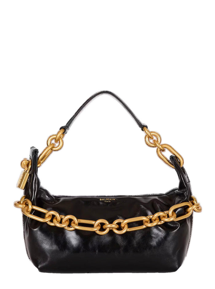 Sync Black Medium Shoulder Bag With Chain-Link And Logo Plaque Leather Woman Calf