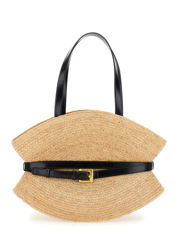 Shuffle Beige Medium Shoulder Bag With Double Belt On The Front And Buckle Embossed Logo Rafia Woman Raffia