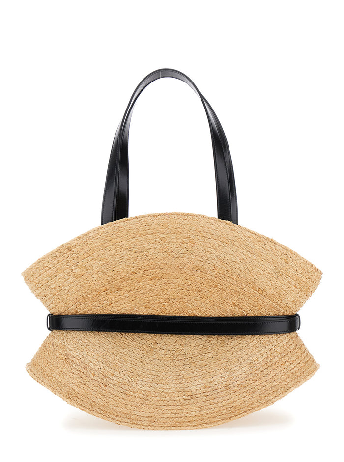 Shuffle Beige Medium Shoulder Bag With Double Belt On The Front And Buckle Embossed Logo Rafia Woman Raffia