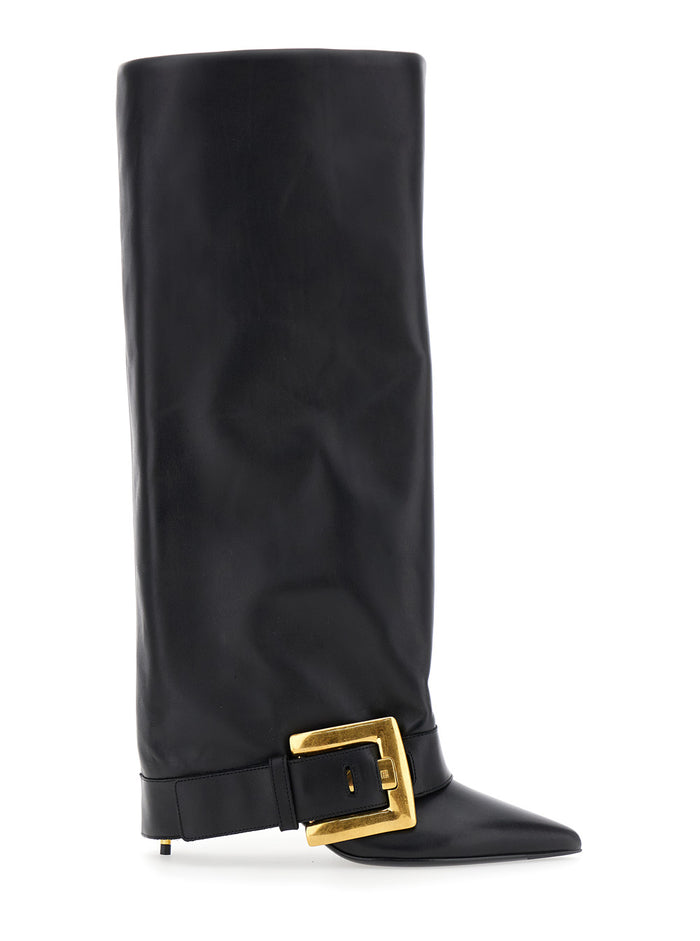 Anthem Black Slip-On Boots With Decorative Metal Buckle Leather Woman Calf