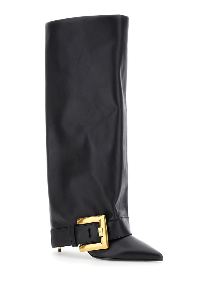 Anthem Black Slip-On Boots With Decorative Metal Buckle Leather Woman Calf