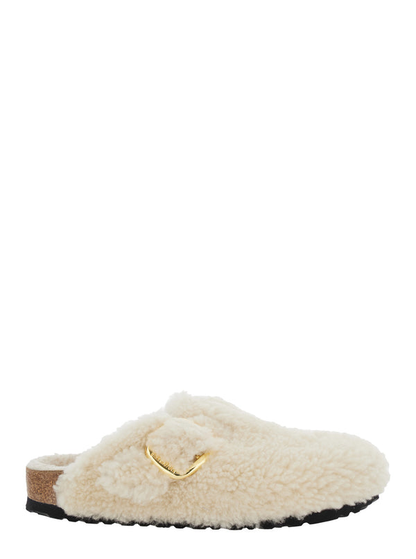 White Slip-On Mules With Buckle Fabric