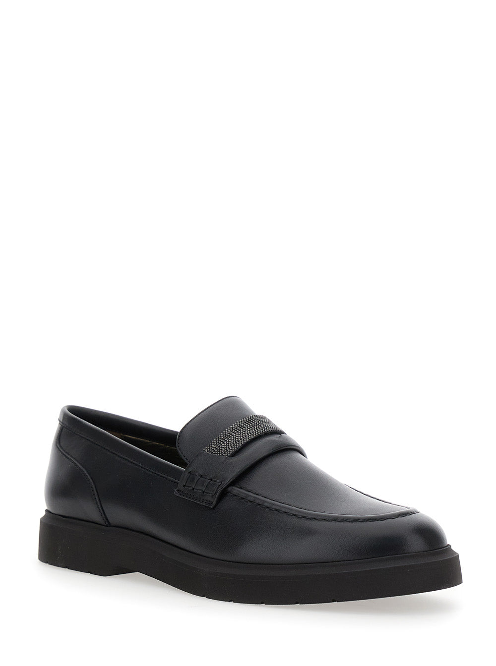 Black Loafers With Monil Detail On The Front Smooth Leather Woman Calf Skin/lamb Skin