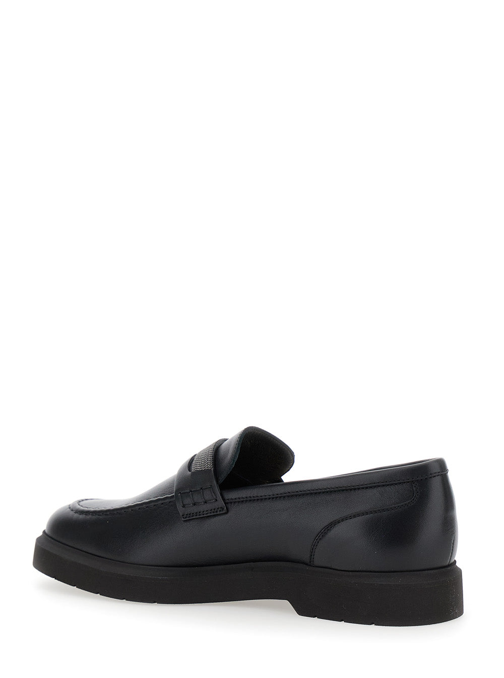 Black Loafers With Monil Detail On The Front Smooth Leather Woman Calf Skin/lamb Skin