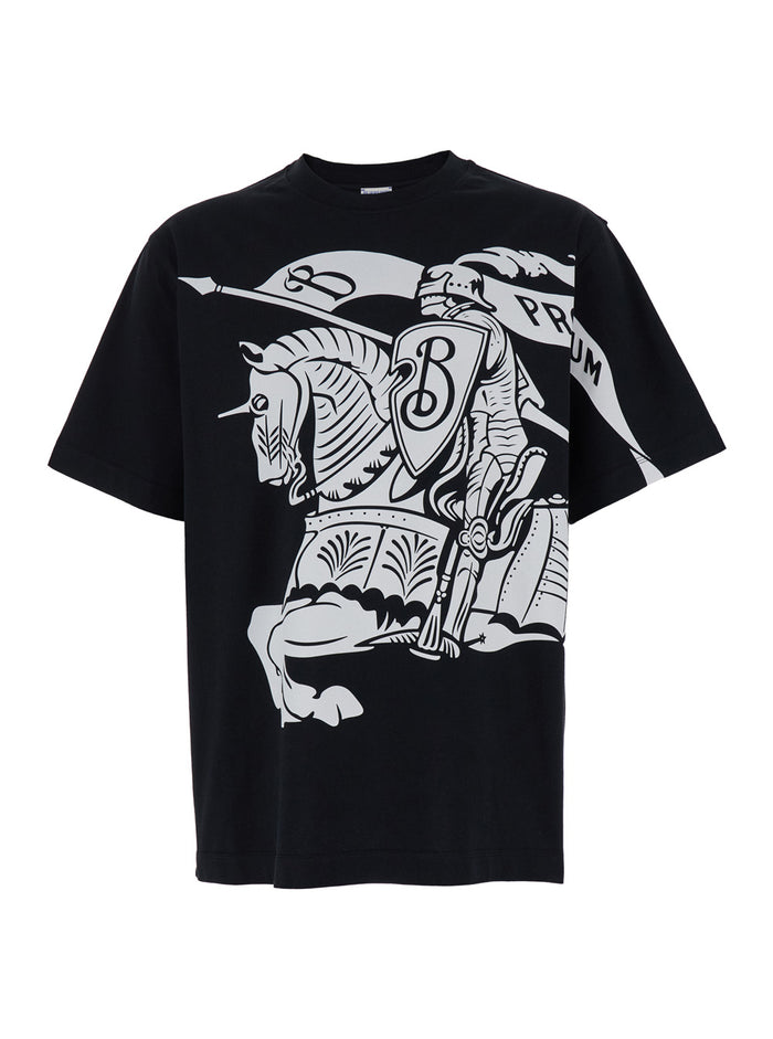 Black T-Shirt with Contrasting Equestrian Knight Print in Cotton Man Tshirts And Polo Shirts