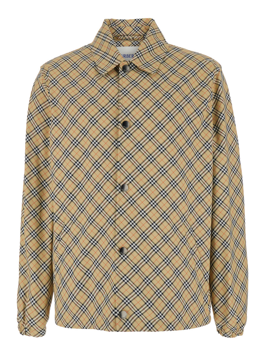 Beige Jacket With Classic Collar And Check Motif Polyester Coat