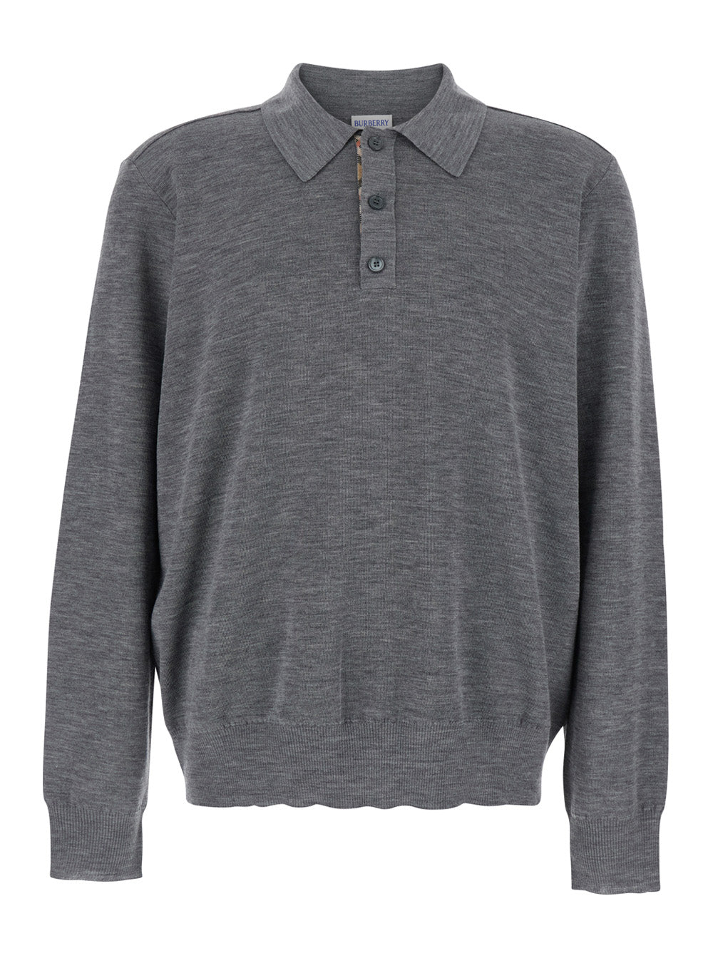 Grey Polo Shirt with Classic Collar and Check Motif on the in Wool Man Tshirts
