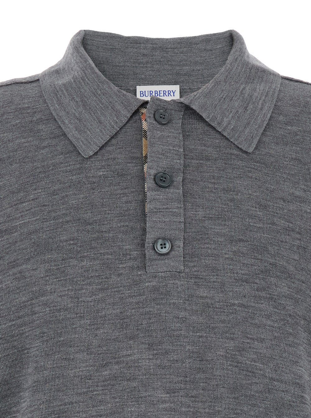 Grey Polo Shirt with Classic Collar and Check Motif on the in Wool Man Tshirts