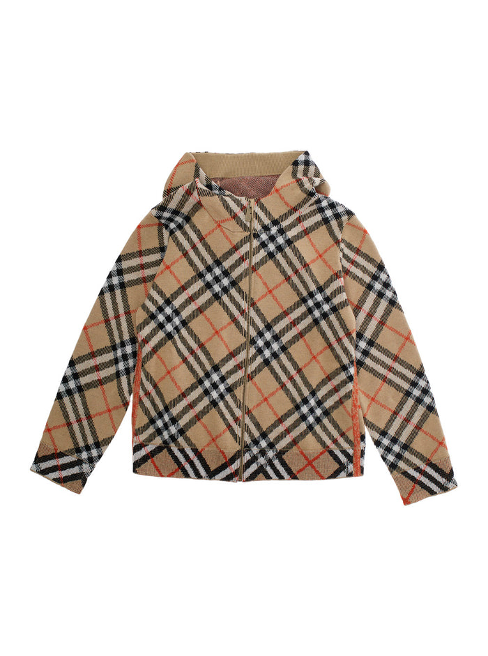 Beige Jacket With All-Over Vintage Check Motif Wool Boy