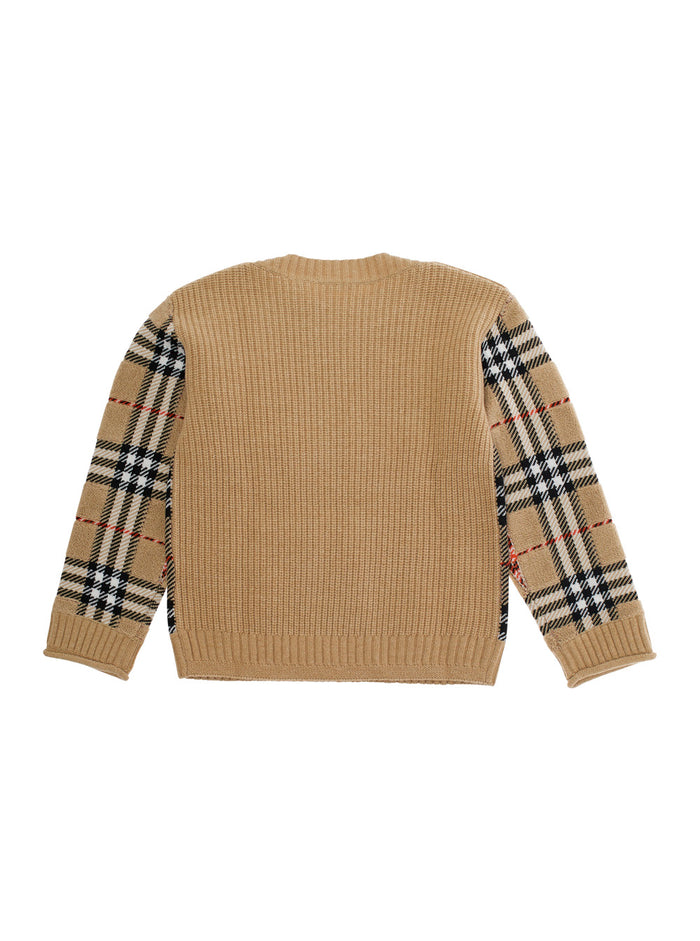 Beige Jumper with Check Pattern on the Front in Wool Boy Jersey