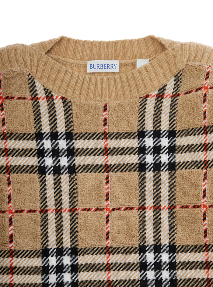 Beige Jumper with Check Pattern on the Front in Wool Boy Jersey