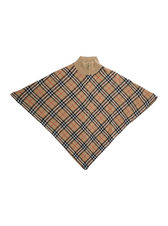 Beige Cape With Vintage Check All-Over Motif Wool Girl