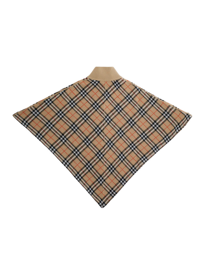 Beige Cape With Vintage Check All-Over Motif Wool Girl