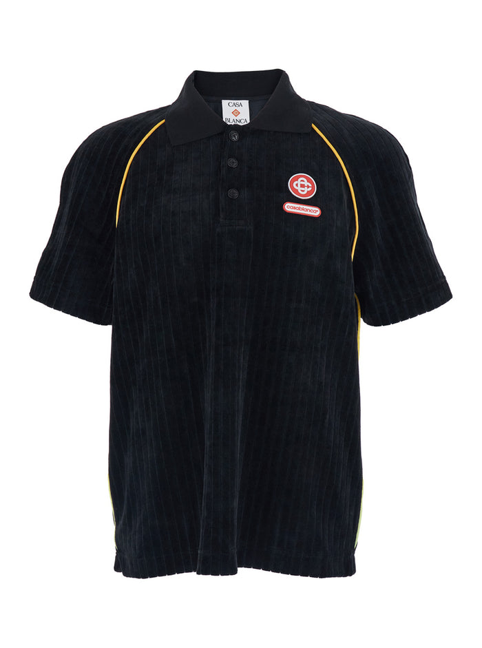 Black Polo Shirt with Classic Collar and Logo Embroidery on the Front in Corduroy Man Tshirts