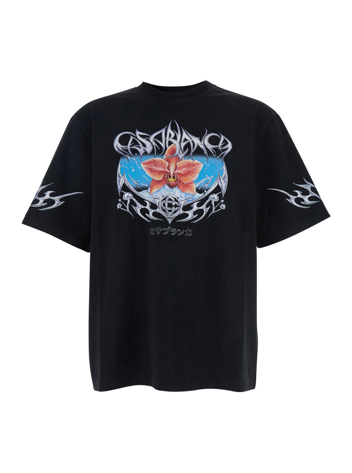 Blades Black Crewneck T-Shirt With Maxi Print On The Front Cotton Jersey Man Organic Tshirts And Polo Shirts