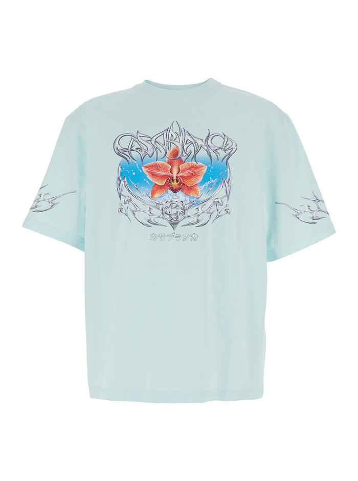 Blades Light Blue Crewneck T-Shirt With Maxi Print On The Front Cotton Jersey Man Organic Tshirts And Polo Shirts