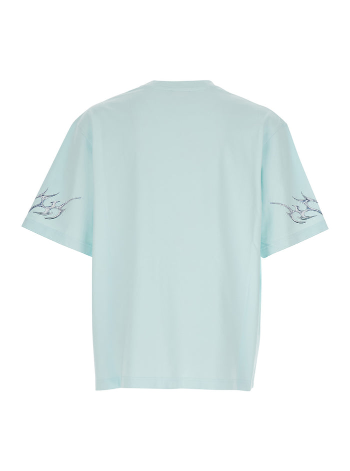 Blades Light Blue Crewneck T-Shirt With Maxi Print On The Front Cotton Jersey Man Organic Tshirts And Polo Shirts