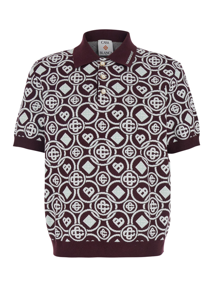 Bordeaux Polo Shirt With Classic Collar And All-Over Monogram Cotton Man Tshirts