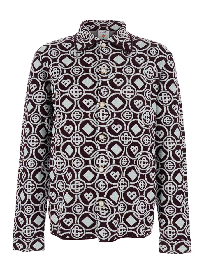 Bordeaux Shirt with Classic Collar and All-Over Monogram in Cotton Man Blouses