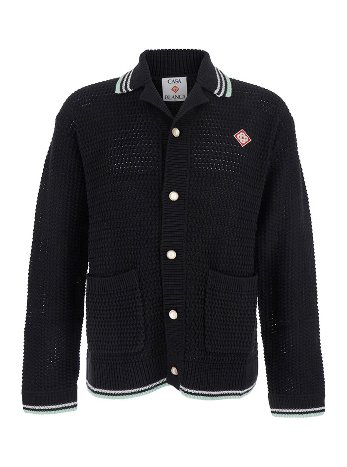Black Cardigan With Logo Patch On The Front Cotton Man Jersey