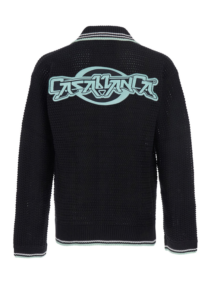 Black Cardigan With Logo Patch On The Front Cotton Man Jersey