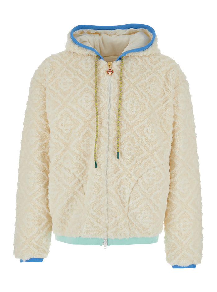 Beige Jacket With All-Over Monogram And Fixed Hood Fabric Man Polyester