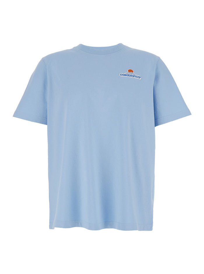 Light Blue Crew Neck T-Shirt With Embroidered Logo On The Front Cotton Man Organic Tshirts And Polo Shirts