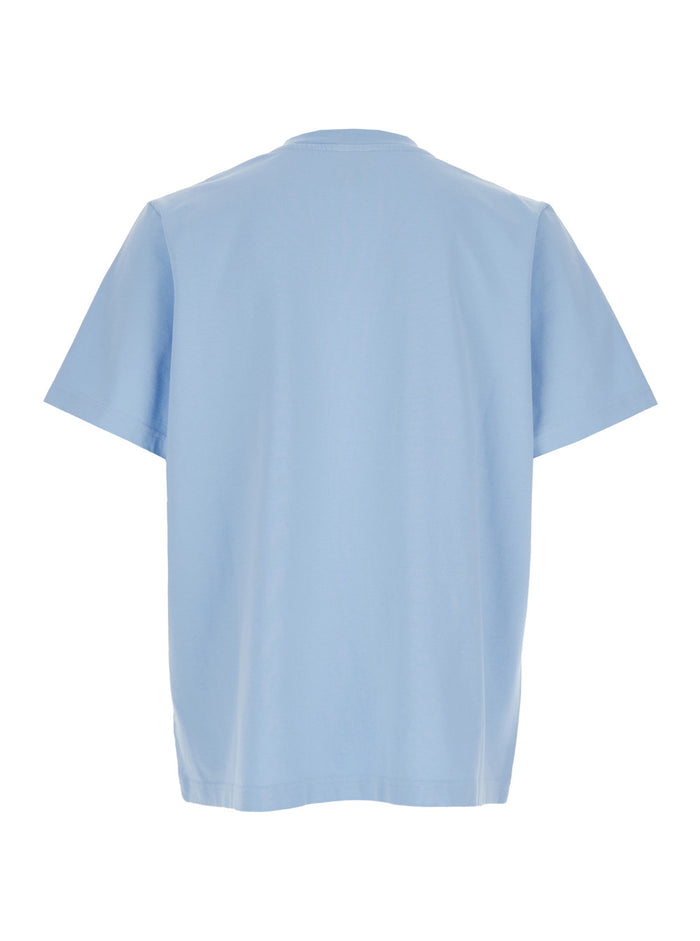 Light Blue Crew Neck T-Shirt With Embroidered Logo On The Front Cotton Man Organic Tshirts And Polo Shirts