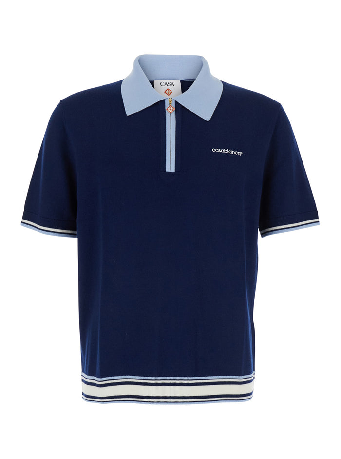 Blue Polo Shirt With Classic Collar And Logo Lettering Embroidery On The Front Wool Man Blu Merino Tshirts
