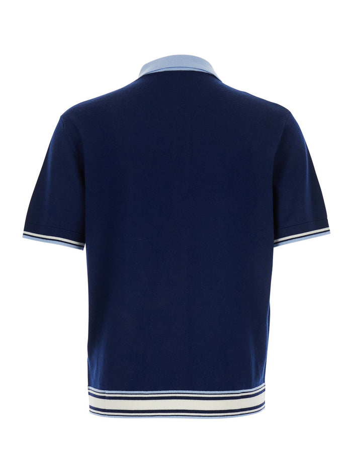 Blue Polo Shirt With Classic Collar And Logo Lettering Embroidery On The Front Wool Man Blu Merino Tshirts