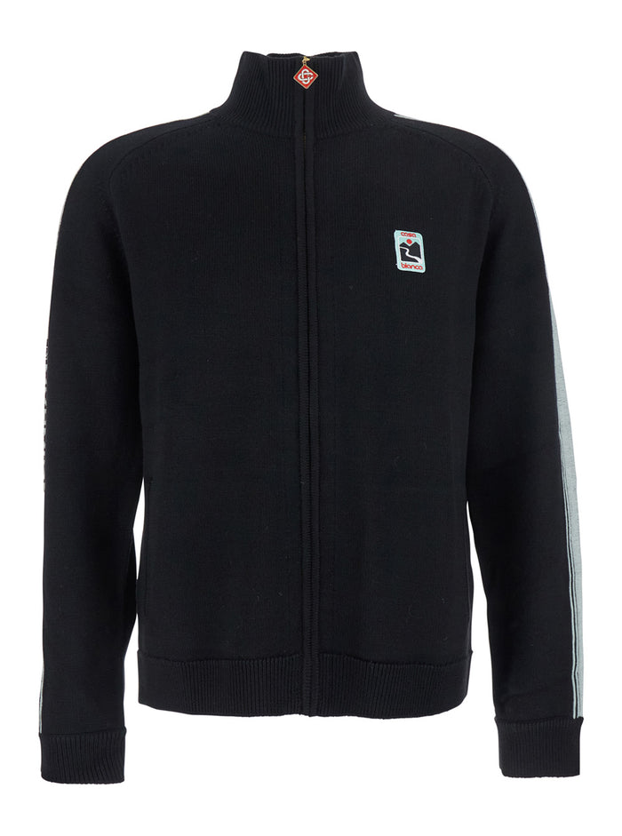 Black High Neck Sweatshirt With Logo Patch On The Front Wool Man Merino Sweatshirts