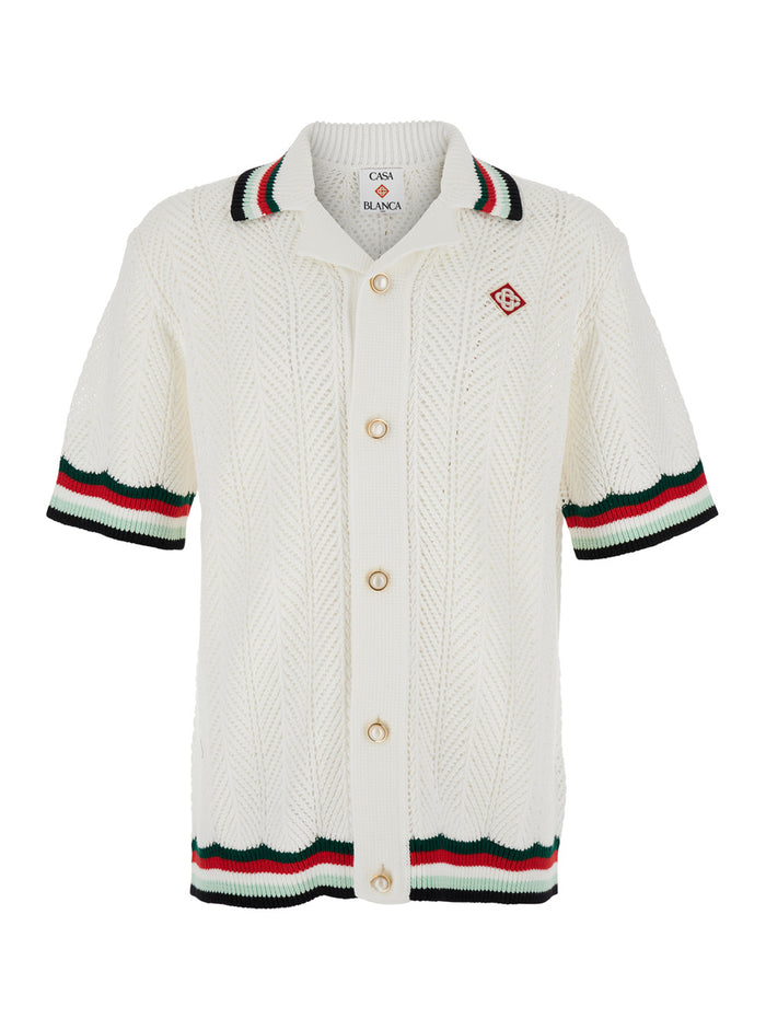 White Shirt With Classic Collar And Chest Logo Patch Cotton Man Blouses