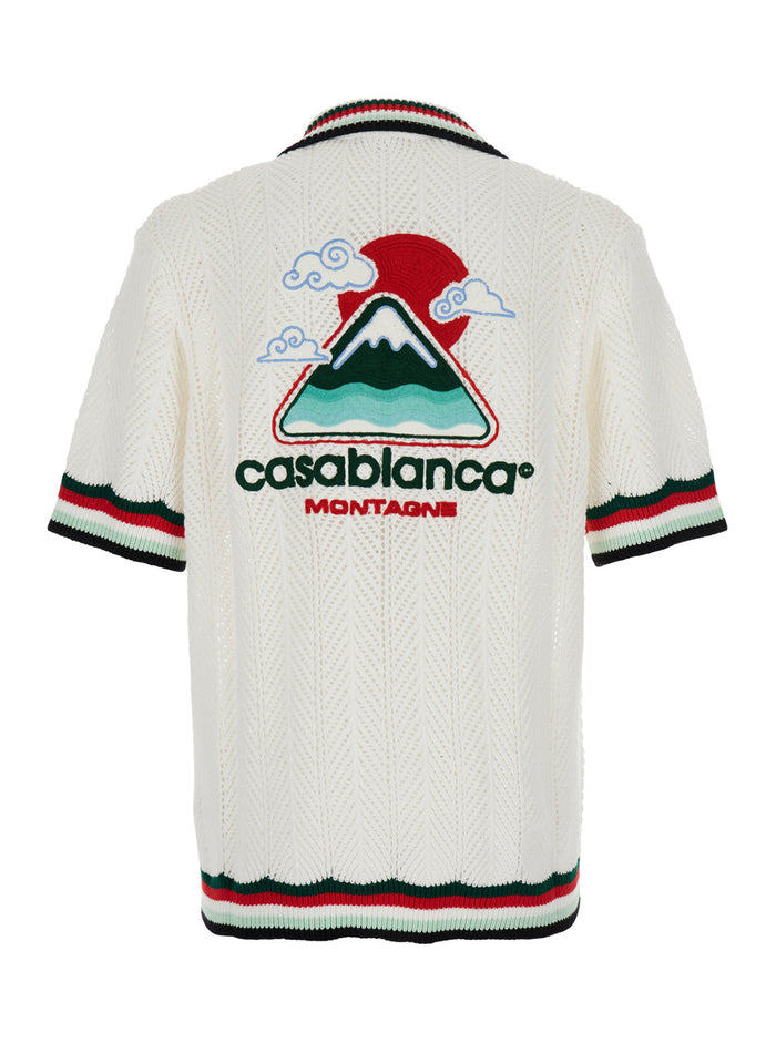 White Shirt With Classic Collar And Chest Logo Patch Cotton Man Blouses