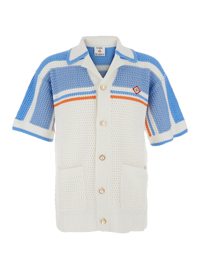 White Shirt With Classic Collar And Chest Logo Patch Cotton Man Blouses