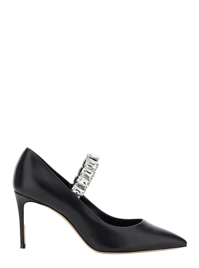 Black Pumps With Crystal Embellished Strap And High Stiletto Heel Leather Woman Nappa Heels