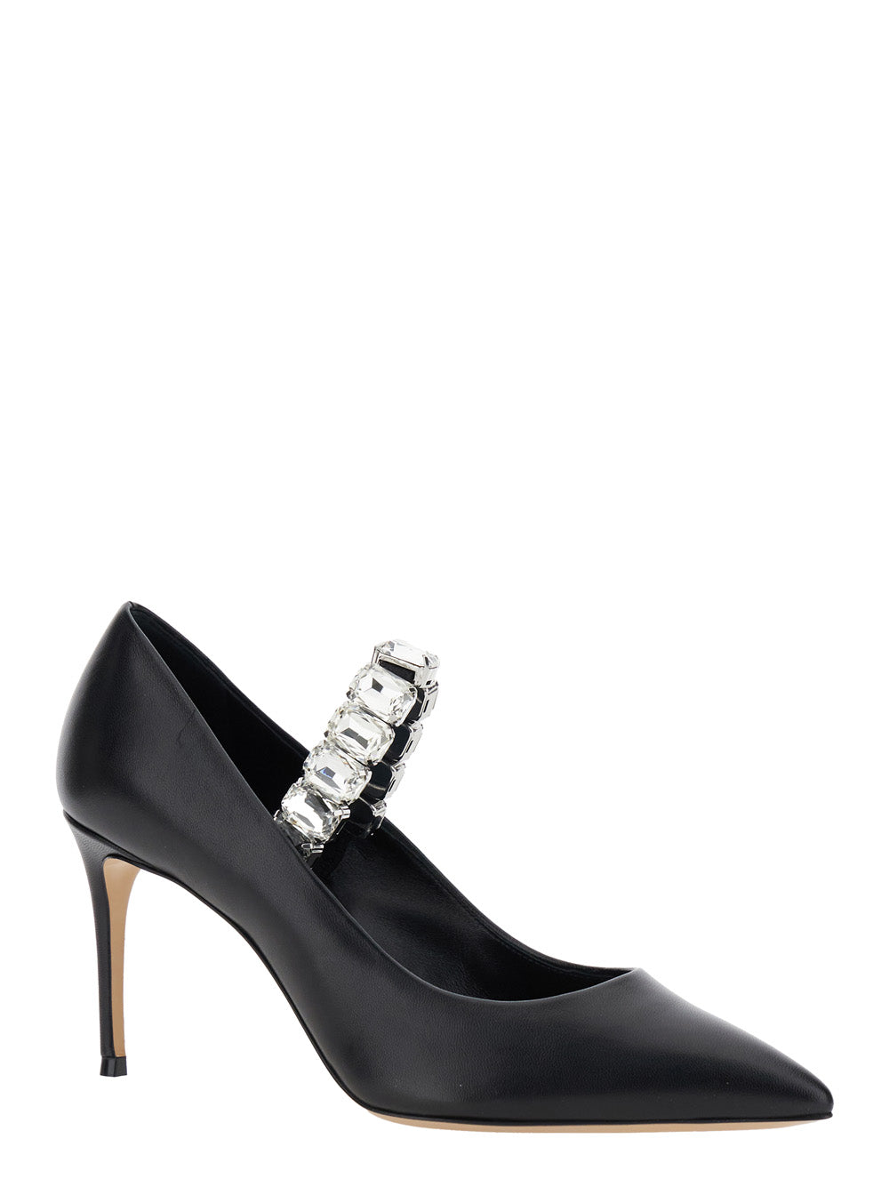Black Pumps With Crystal Embellished Strap And High Stiletto Heel Leather Woman Nappa Heels