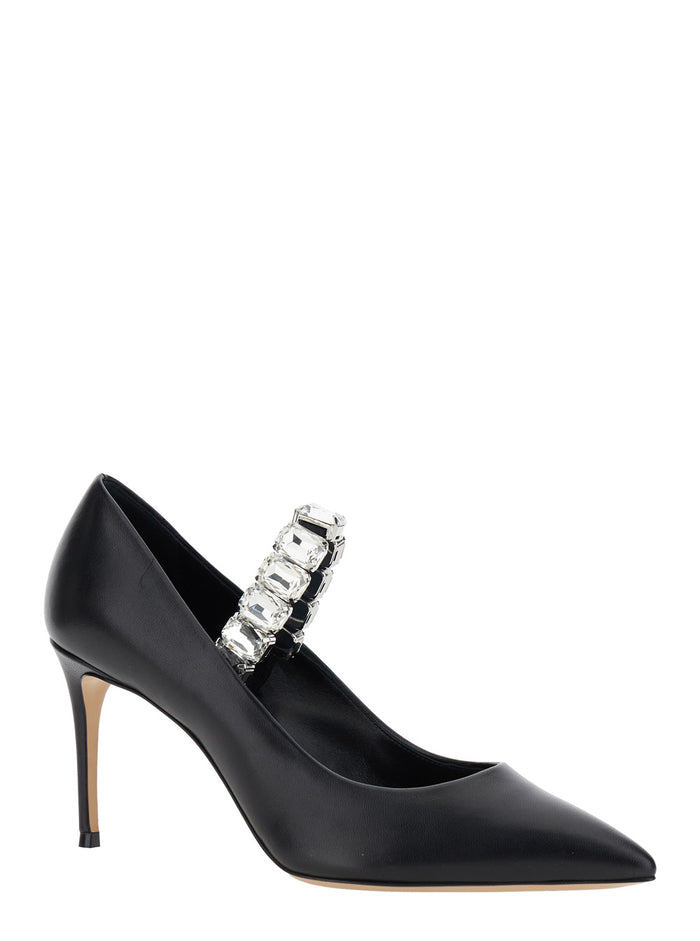 Black Pumps With Crystal Embellished Strap And High Stiletto Heel Leather Woman Nappa Heels