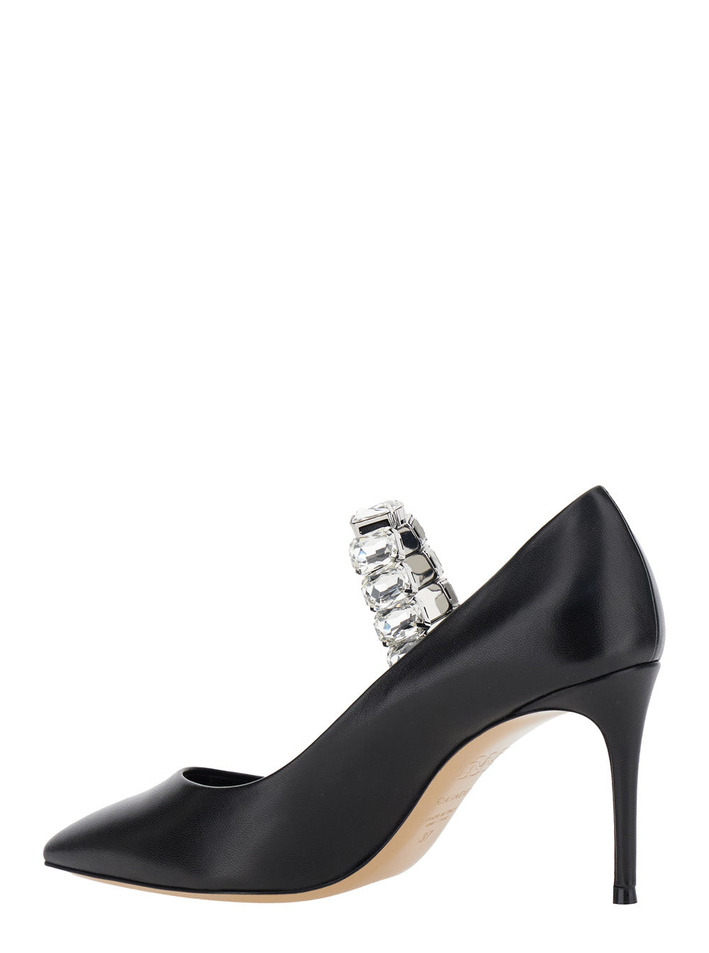 Black Pumps With Crystal Embellished Strap And High Stiletto Heel Leather Woman Nappa Heels